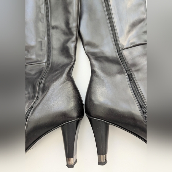 Sofia Italy Sleek Black Knee-High, Square-Toe Boots w/Silver Wrap Around 3" Heel - Picture 6 of 16
